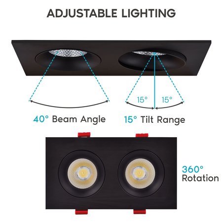 Luxrite Double Head Adjustable LED Recessed Downlight 5 CCT Selectable 2700K-5000K 24W 1400LM Dimmable Black LR32184-1PK